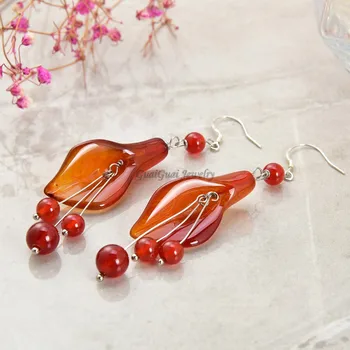 

GG Jewelry Red Carnelian Flower Earring-925 Sliver Hook