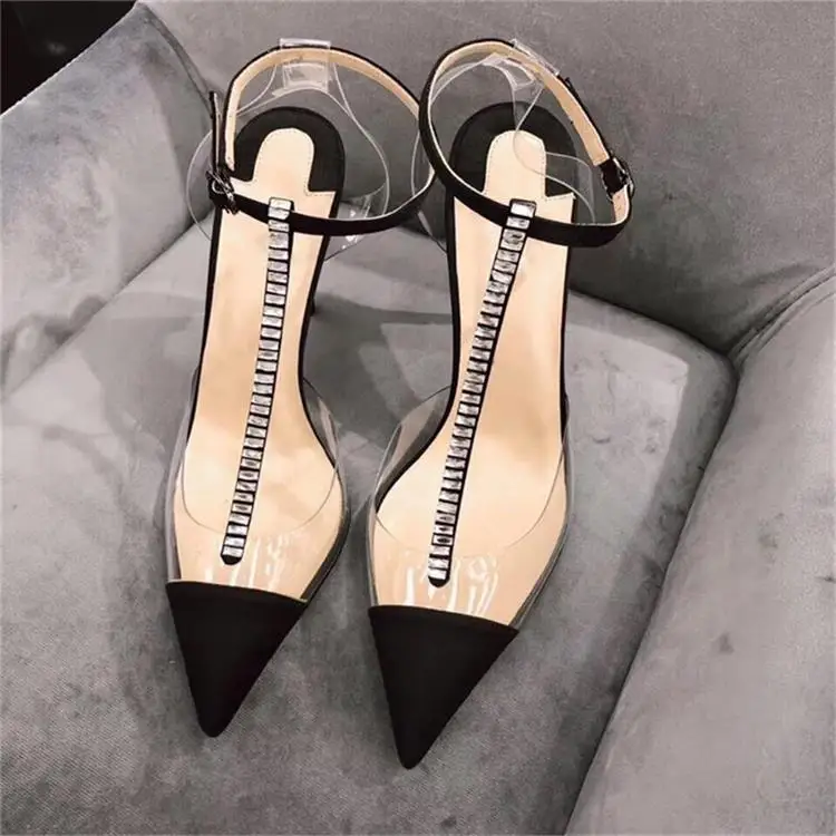 

Brand Slingback Zapatillas Mujer Spring Autumn Thin Heels Bling Crystal Embellished Women Shoes Buckle Strap Woman Gladiator