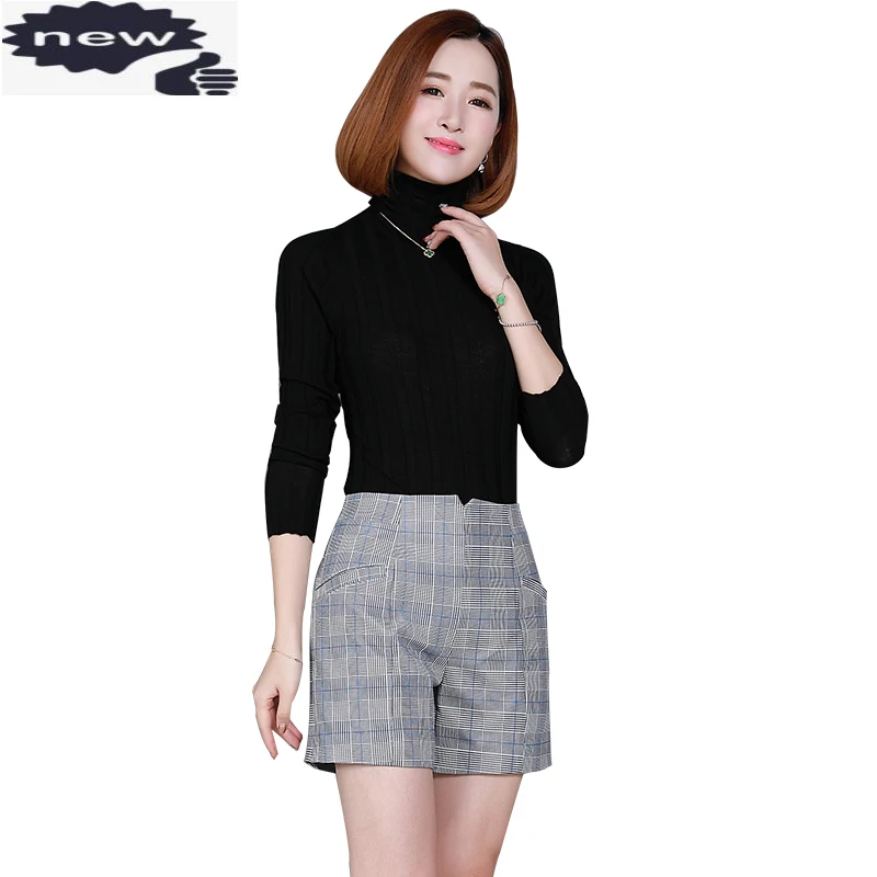 

Top Brand Women Natural Genuine Leather Sheepskin Loose Slim Fit Plaid Printed High Waist Streetwear Female Shorts