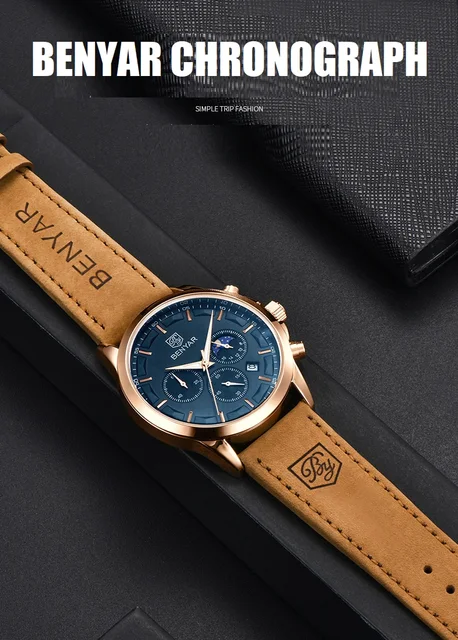 Cronografo Quarzo Pelle Orologio Da Uomo Benyar Cronografo