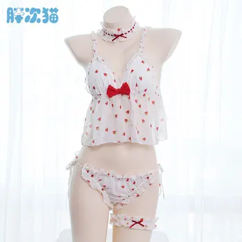 

Nightdress Lolita Kawaii Strawberry Print Sling Nightdress Cosplay Bowknot Sexy Girls Intimates Set With Leg ring And Neck ring