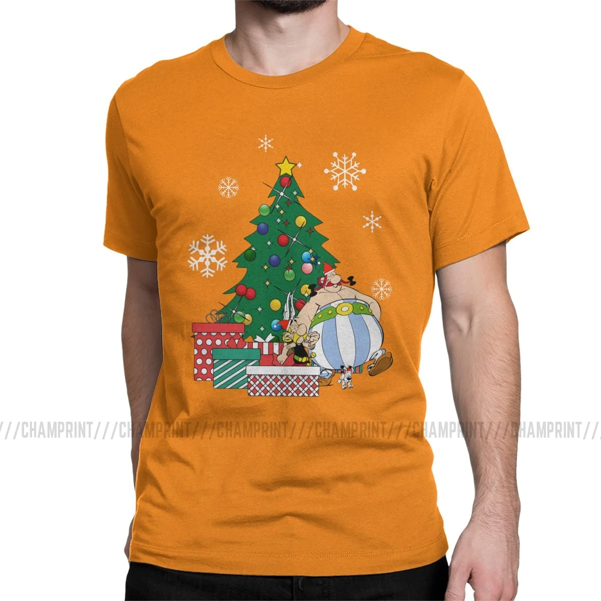 Мужская футболка Астерикс и Обеликс вокруг рождественской елки, хлопковые топы Getafix Dogmatix, футболка с коротким рукавом, подарок на день рождения, футболки - Цвет: Оранжевый