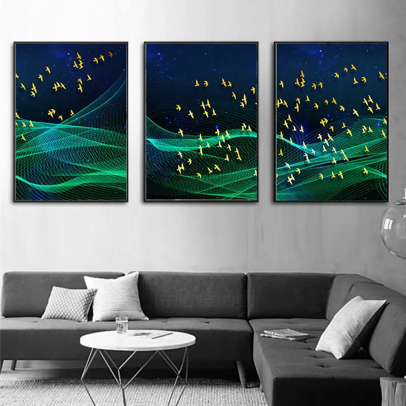 

Nordic Green Net and Gold Birds Yellow Blue Canvas Paintings Wall Art Pictures For Living Room Home Decor Modern Posters Prints