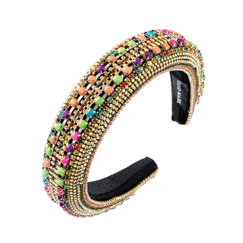 

Boho Baroque Full Multi Color Rhinestone Headband for Woman Hand Made Rainbow Jeweled Sponge Hairband Sparkly Novelty Hair Hoop