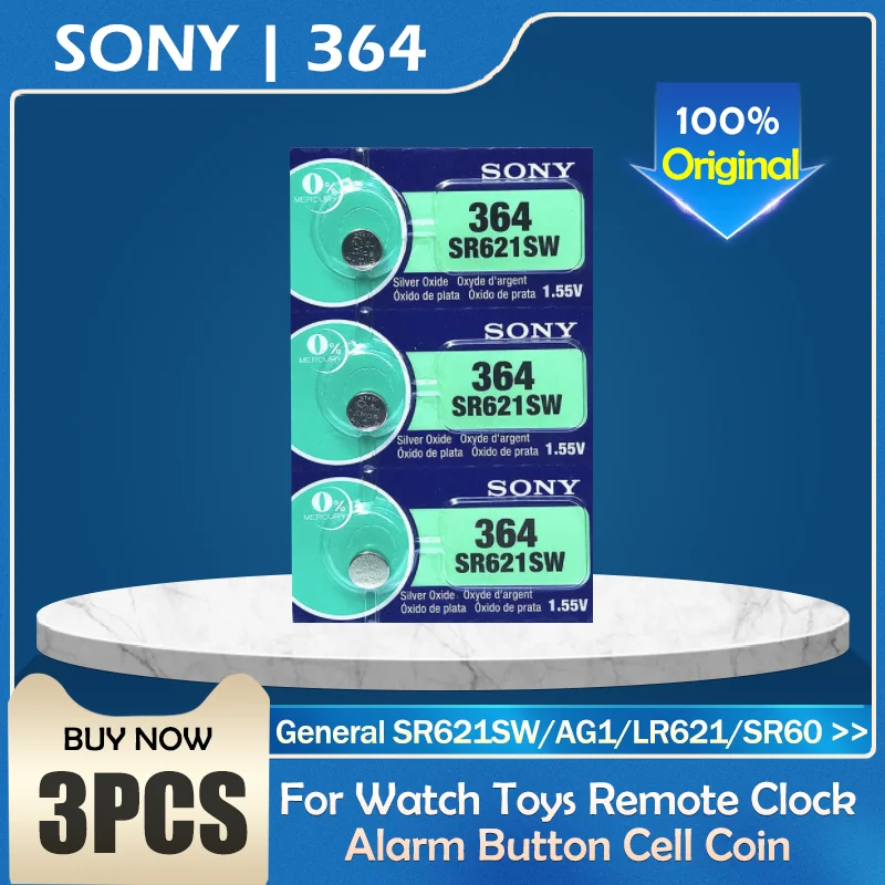 3pcs/lot Sony 364 100% Original 1.55V Silver Oxide Watch Battery SR621SW V364 SR60 SR621 AG1 Button Coin Cell MADE IN JAPAN | Электроника