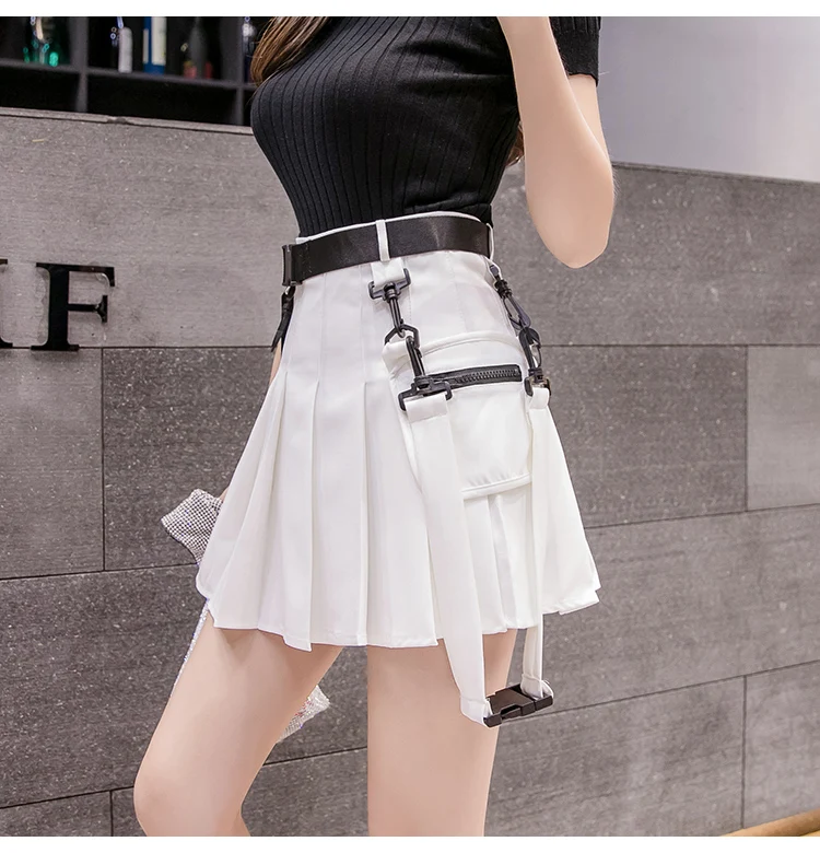 Women Skirts Sexy Gothic Harajuku Short Skirts Casual Black White Grey Sashes Fashion Pleated Skirts Punk Mini Skirt Vintage
