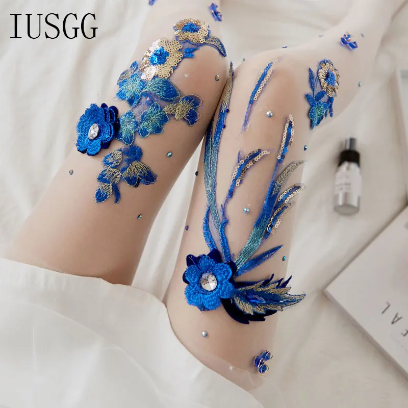 Сексуальные женские колготки с синими цветами Колготки ручной вышивкой