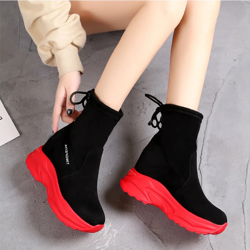 

KAMUCC 2019 Autumn and Winter Thick Bottom Increased High Belt Martin Boots Sports Mesh Stretch Cloth Ladies High Heel Boots