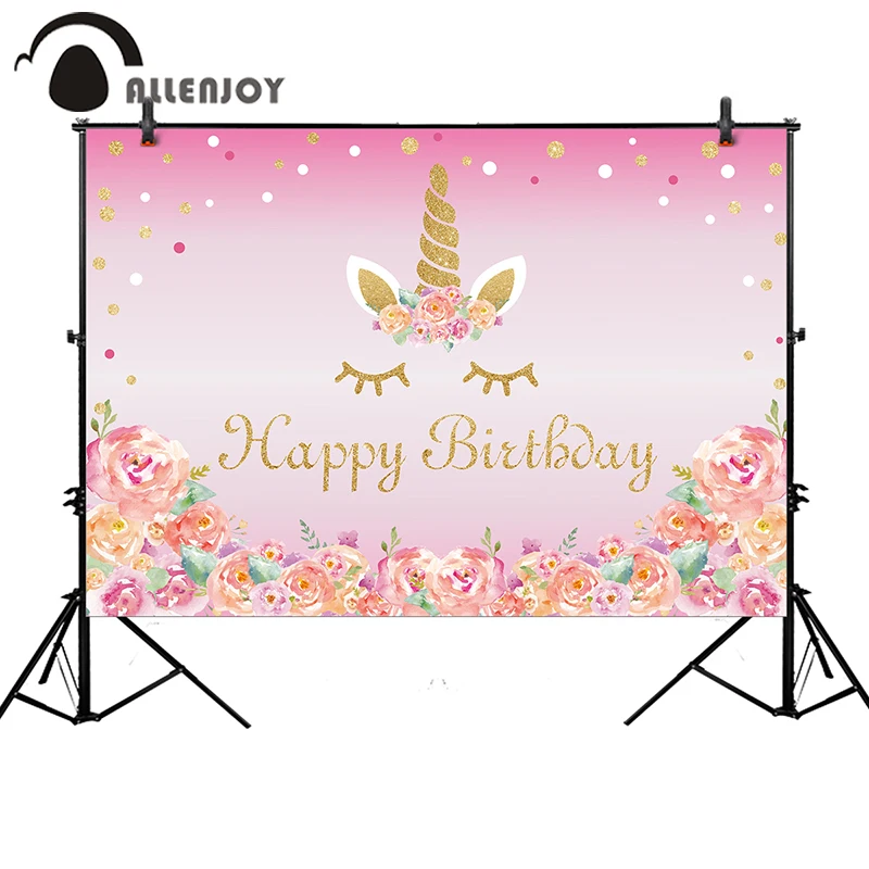 Allenjoy с днем рождения фоны Золотой Единорог Цветы блестящие точки розовый Фотофон