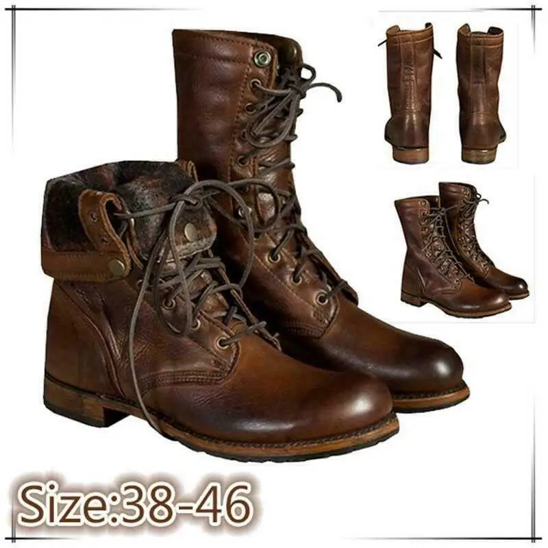 

2019 New Retro Men Punk Motorcycle Boots Leather Lace Up Shoes Winter Solid Color Large Size Comfortable Shoes Male