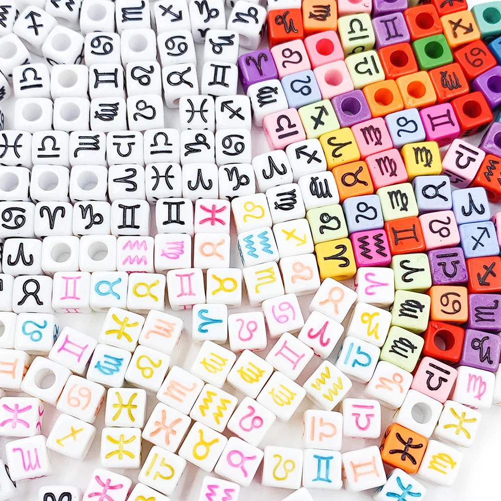 

100Pcs Cubes Mix Zodiac Constellation Sign Beads Charms Spacer Loose Beads For Jewelry Making DIY Bracelet Accessories