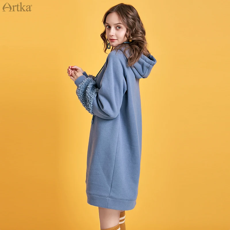 ARTKA Осень Зима Новая Женская толстовка Свободный плотный вельветовый свитер с капюшоном модная Длинная толстовка платья VA10299D