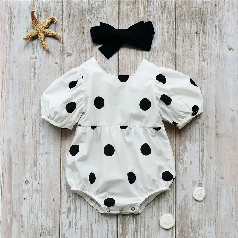 

Lioraitiin Summer Baby Girls Short Puff Sleeve Romper + Bow Headband Polka Dot Printing Sweet Style Playsuit 0-24Months