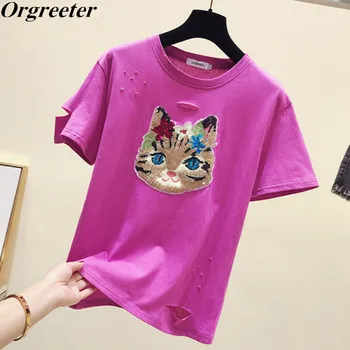 

2020 Summer New short-sleeved T-shirt Women's INS Fashion Hollow Hole Sequined Appliques Cartoon cat Solid Casual Cotton Tshirt