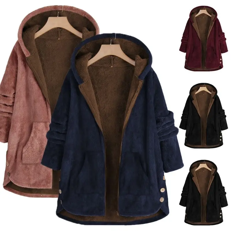 Women Winter Coat Casual Oversized Loose Fluffy Fur Fleece Cozy Women Parkas Warm Long Sleeve Zipper Hooded Female Coat Outwear