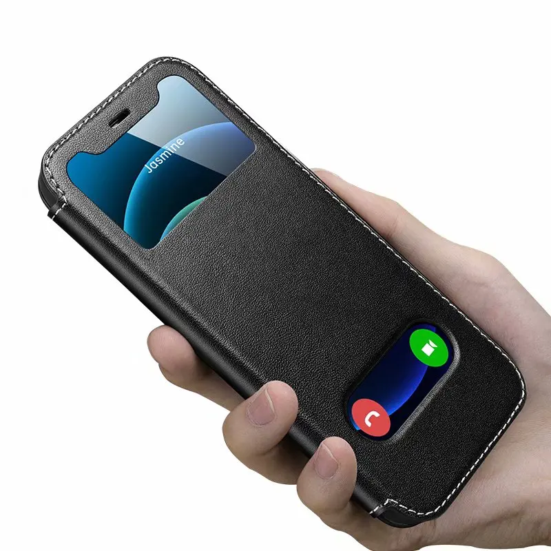 Luxury Genuine Leather Flip Phone Case for iPhone 12 mini 11 Pro Max Xs Max XR X 8 7 6s Plus SE Shell Cover w/Clear view Windows case iphone 6