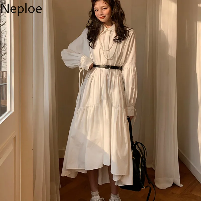 Najtaniej Neploe w koreańskim stylu szykowny kobiety sukienka lato 2020 Retro skręcić w dół kołnierz z długim rękawem Vestidos luźne sznurkiem sukienki w jednolitym kolorze 44572