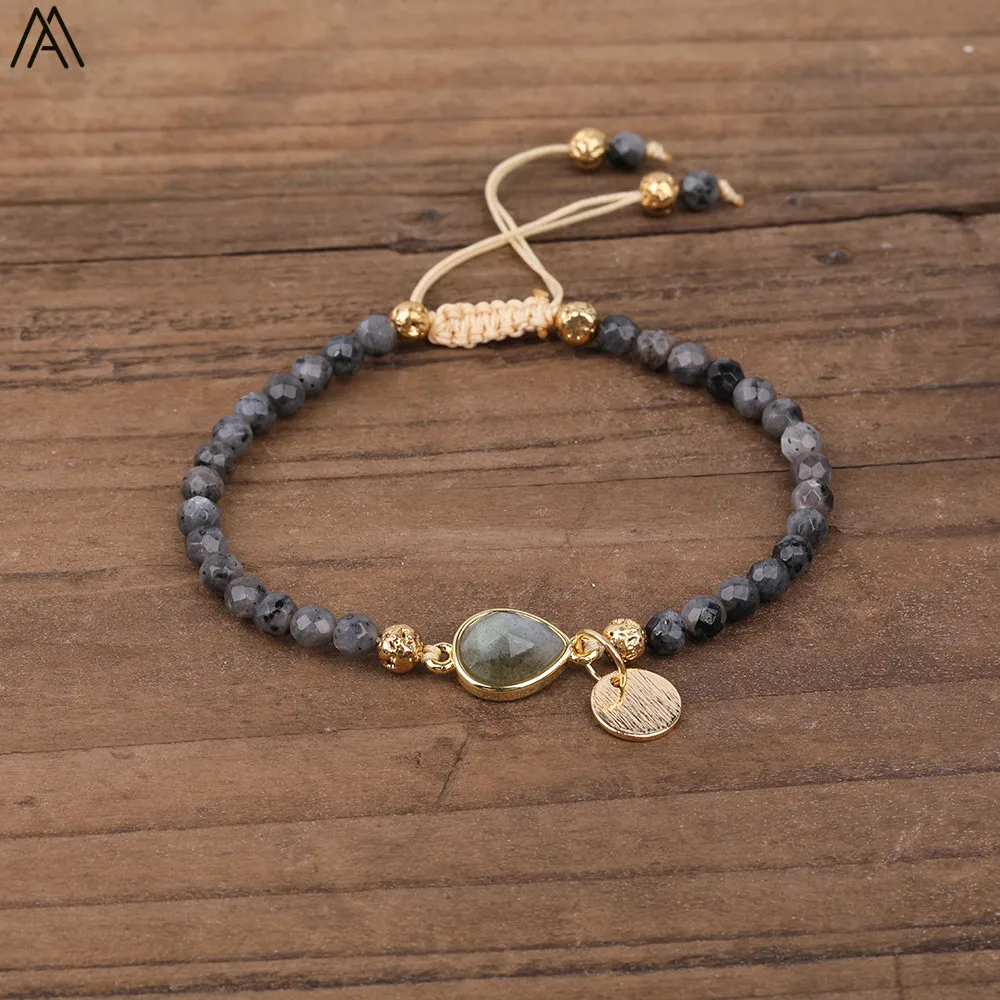 Natural Stone Water Drop Beads Bracelets Handmade 4mm Black Labradorite Knot Braided Bracelet Women Boho Jewelry | Украшения и