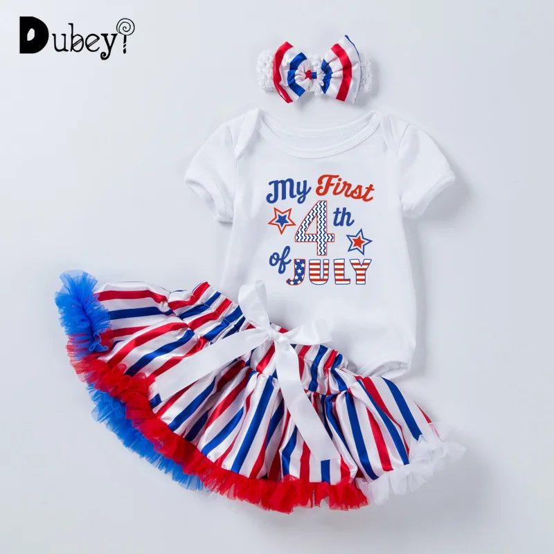 

Newborn Girl Independence Day Festival Clothes New Born Baby Holiday Dress Printed White Romper and Striped Tutu Set