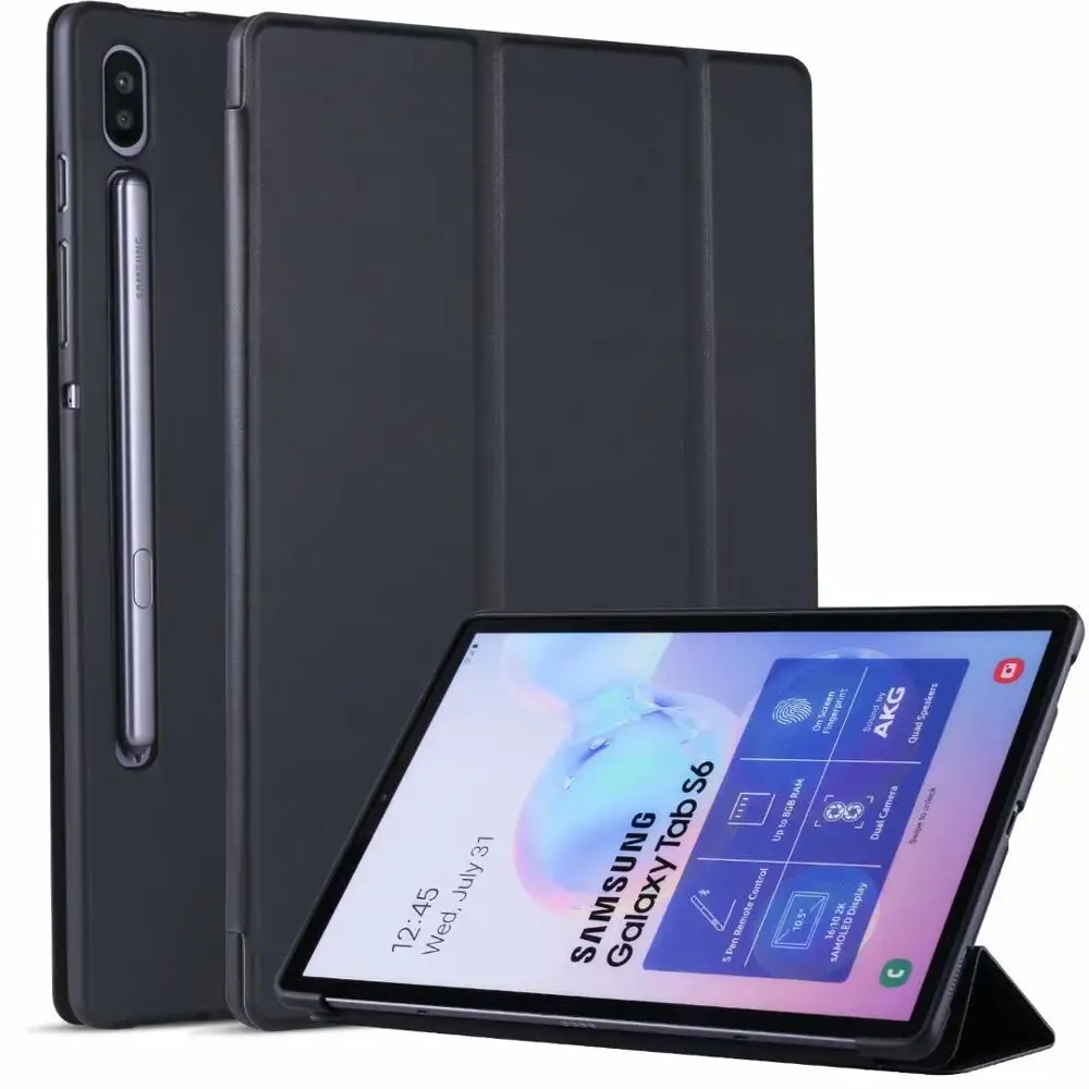 Модный чехол для планшета из ТПУ с тремя складками для Samusng Galaxy Tab S6 SM-T860 SM-T865 10,5 дюймов откидной Чехол с подставкой Чехол+ ручка - Цвет: Черный