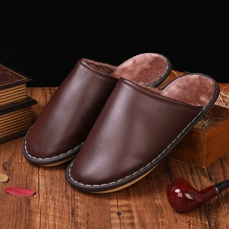 

Fashion leather slipper for men winter indoor fuzzy slides male shoes female slippers 2020 stylish