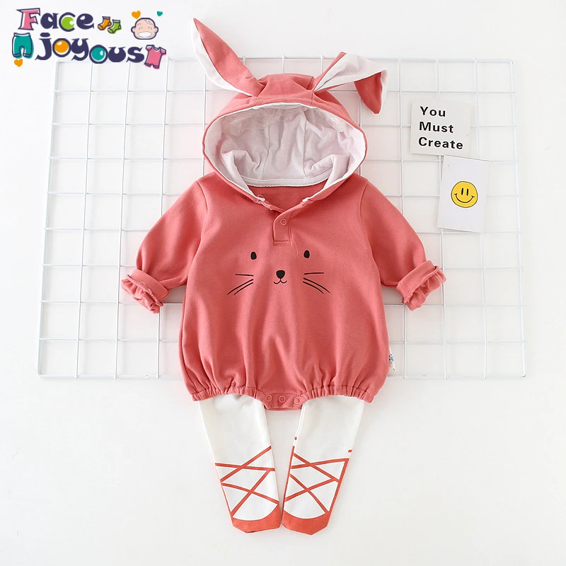 

2019 New Cute Rabbit Ear Baby Hooded Rompers Boys Girls Cotton Triangle Romper Cartoon Cat Newborn Jumpsuit Clothing Baby Outfit