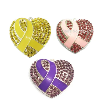 

( Choose Color First ) 48mm 10pcs/lot Heart Rhinestone Enamel Breast Cancer Ribbon Pendants For Necklace