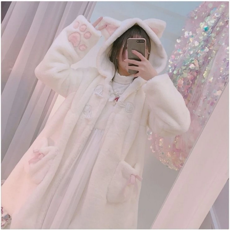 de gato kawaii, garra, pelúcia fofa, casaco branco, parka jovem, inverno