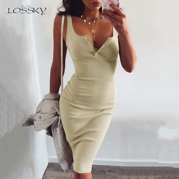 

Lossky Knee-Length Dress Knitted Elastic Sleeveless Bodycon elegant Women 2019 Summer Sexy V-Neck Button Party Slim Dresses