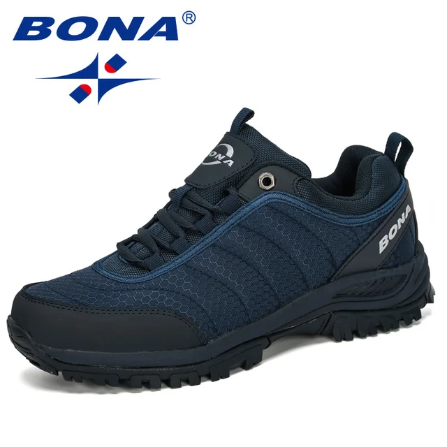 BONA New Arrival Hiking Shoes Man Mountain Climbing Shoes Outdoor Trainer Footwear Men Trekking Sport Sneakers Male Comfy Deep blue S gray