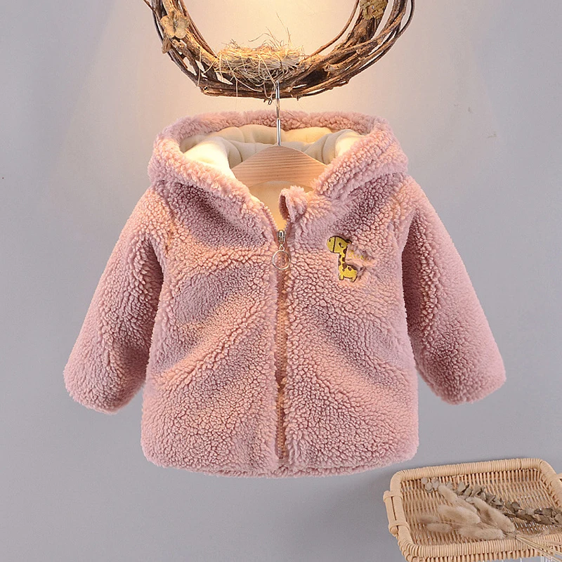 Пальто для маленьких девочек; осенне-зимние теплые пальто унисекс с искусственным мехом и капюшоном; стильная мягкая однотонная Детская куртка с рисунком жирафа