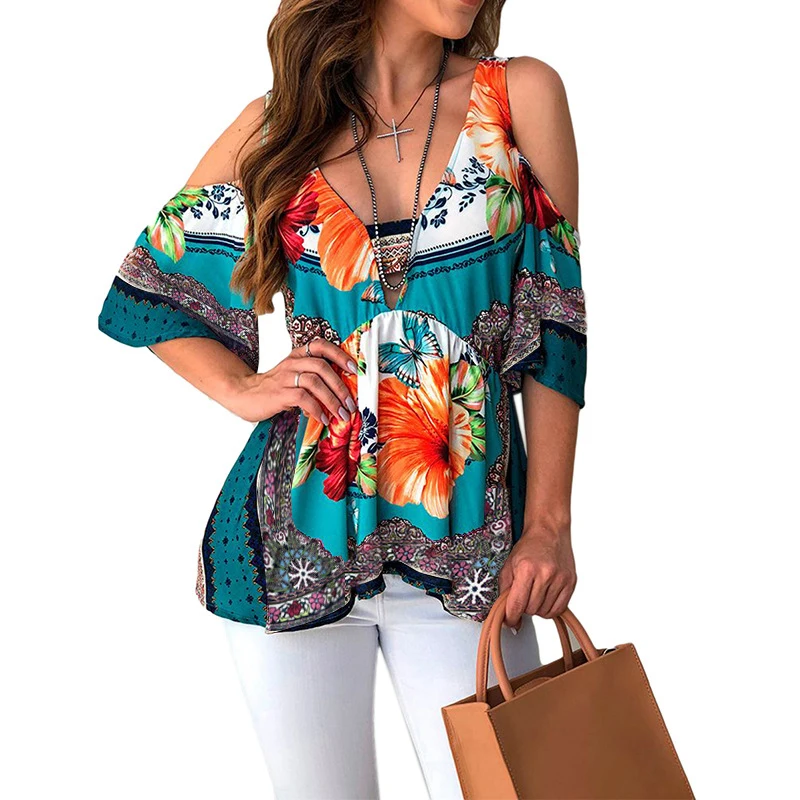 Women Shirt Casual Summer V-Neck Boho Blouse 2019 Short Sleeve Cold Off Shoulder Loose Tops Floral Print Shirt Plus Size Blouse