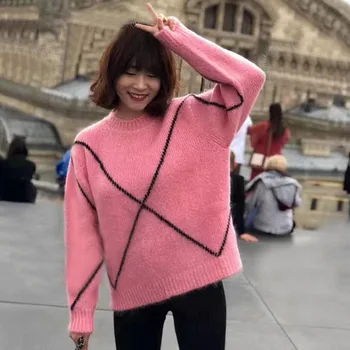

Women Sweater 2019 Autumn /winter New Pink Round Neck Pullover Jacquard Long-sleeved Women's Knitted Sweater