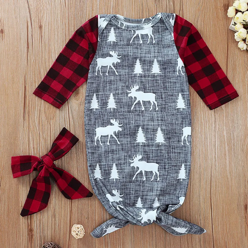 Newborn Baby Christmas Grey Fawn Plaid Printed Sleeping Bag + Turban 2 Piece Long Sleeve Warm Child Gift |