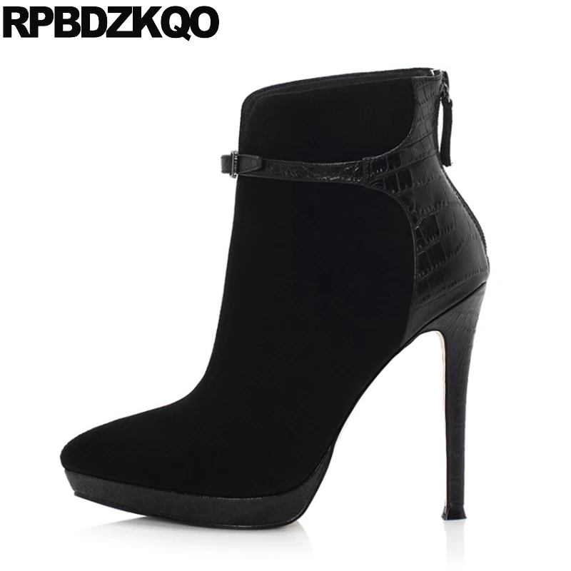 Женские замшевые ботинки на шпильке черные короткие ботильоны большого размера