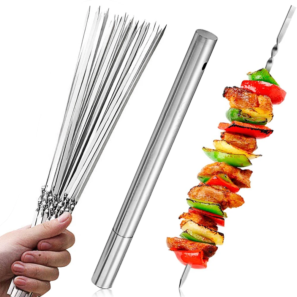 Skewers for Barbecue Reusable Grill Stainless Steel Shish Kebab BBQ Camping Flat Forks Gadgets Kitchen Accessories Tools | Дом и сад