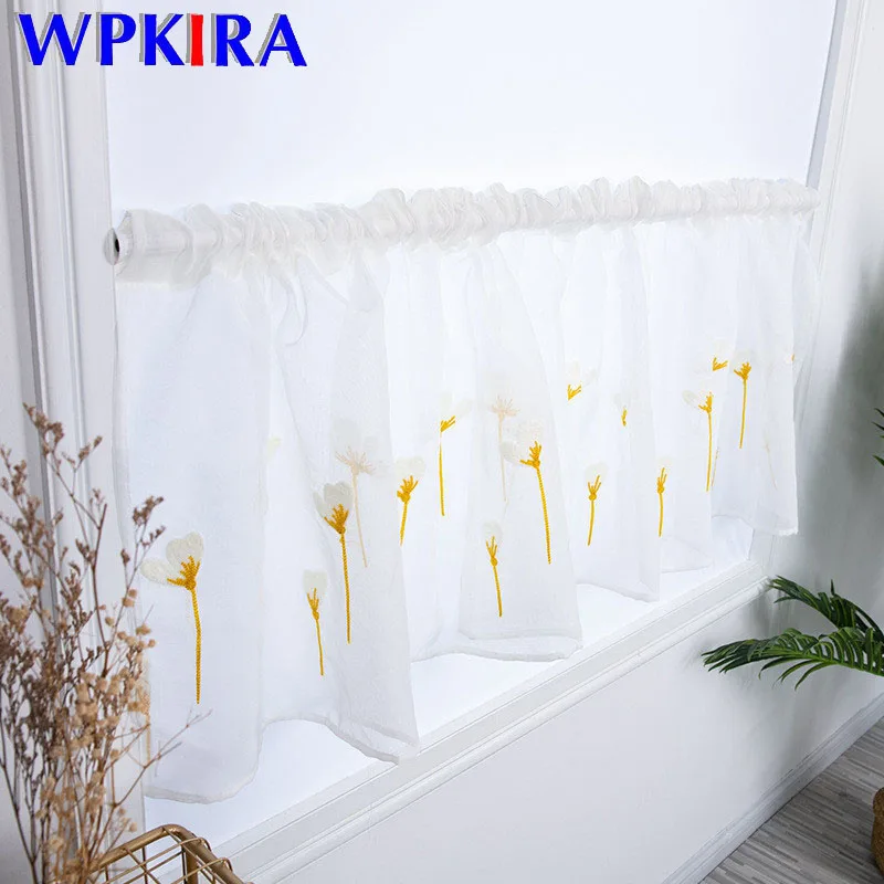 

Blue Kapok Flower Design Modern Coffee Short Curtains For Kitchen Cabinet White Voile Curtain For Living Room Divided Drapes