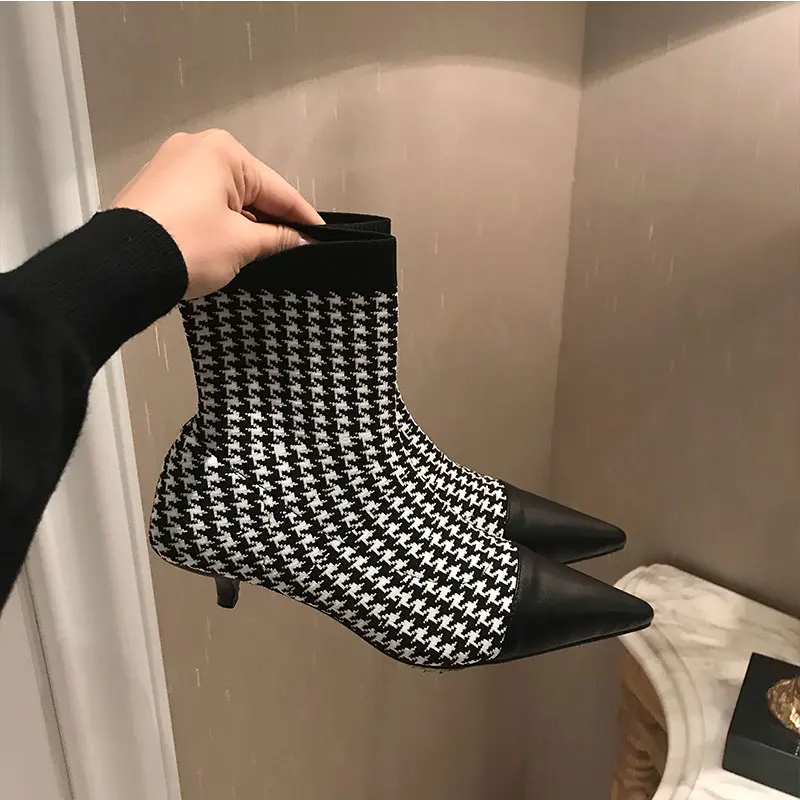

Women's Fashion Houndstooth Kniting Ankle Low Heel Boots Sexy Pointed Toe Feminine Sockboots Boots Basic Ankle Stretch Boots