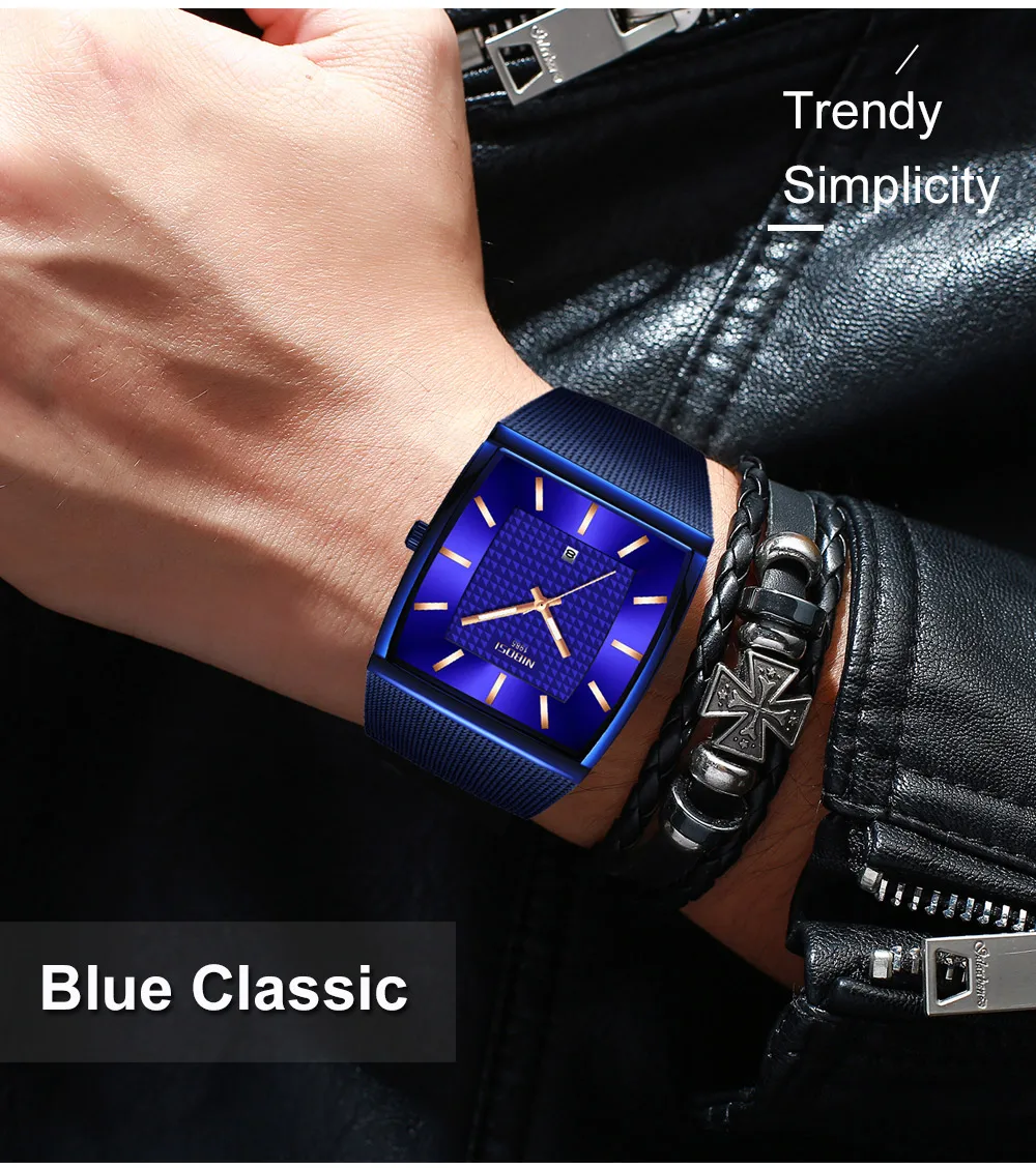 NIBOSI, квадратные часы, мужские, топ-бренд, синие, деловые, мужские часы, нержавеющая сталь, водонепроницаемые, наручные часы, дата, Reloj Hombre