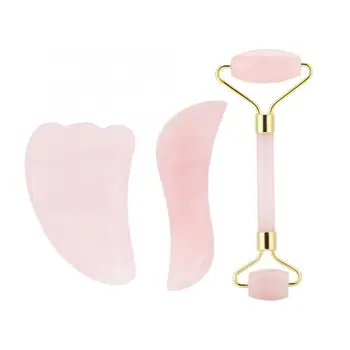 

3Pcs/Set Double-end Natural Quartz Jade Roller Massager & Scraping Board Rose Quartz Roller Slimming Face Massager Lifting Tool