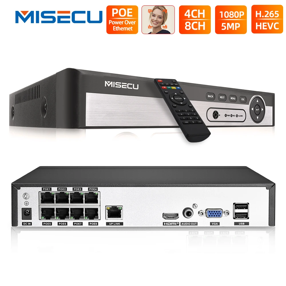 MISECU H.265 4CH 8CH 5MP NVR PoE vídeo CCTV de seguridad de un sistema de vigilancia para cámara IP PoE de salida de Audio Onvif apoyo P2P vmeyesuper de