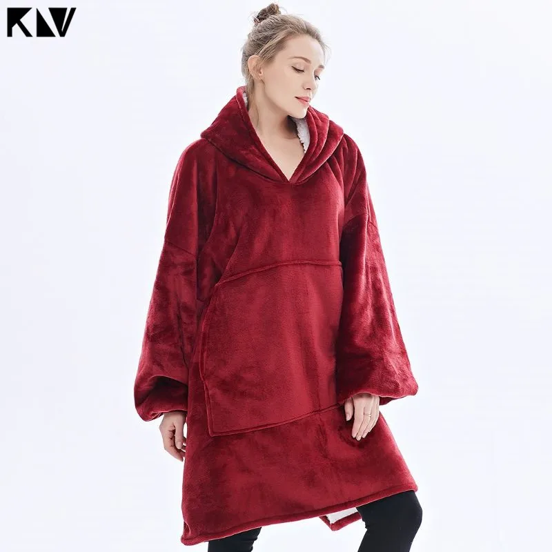 KLV, уличная Женская толстовка с капюшоном, толстовки, домашняя одежда, одеяло, теплые пальто, толстое флисовое ТВ одеяло, сверхмощный пуловер с капюшоном