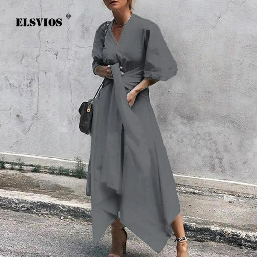ELSVIOS 5XL, элегантные женские платья размера плюс, v-образный вырез, половина рукава, осеннее платье, женское платье на шнуровке, однотонное, необычное, для вечеринки, vestidos