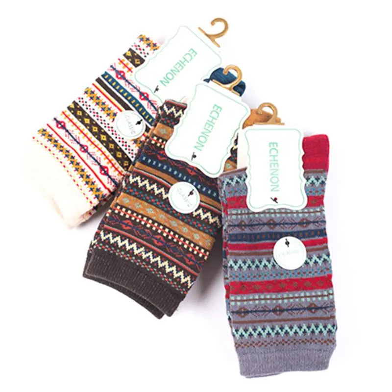 3 пары, женские этнические волнистые полосы, плотные теплые носки, зимние винтажные Чулочные изделия K4UB