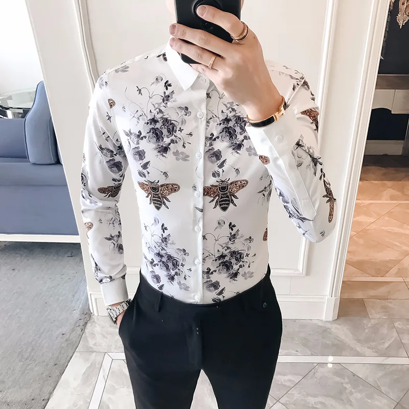 19 Весна Новый стиль Мужчины корейский стиль Slim Fit Молодежная повседневная с принтом пчелы с длинными рукавами рубашка 1801p55 большой размер