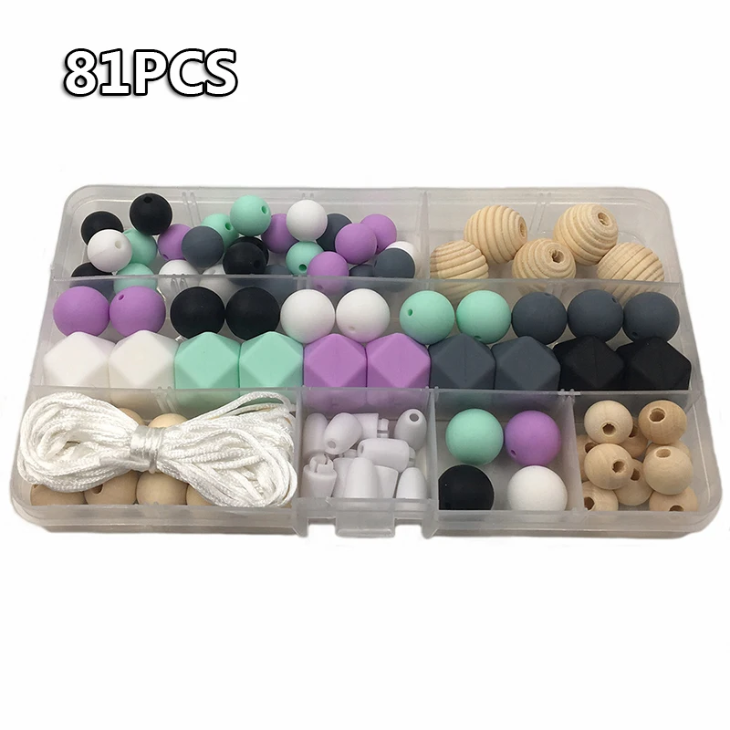 81PCS Teether Set Лидер продаж силиконовый и деревянный Прорезыватель набор шестиугольной молярной Соска с бусами цепочка ожерелье браслет аксессуары зубной прорезыватель для малышей прорезыватель грызунок силиконовые бусины - Color: 81PCS Teether Set