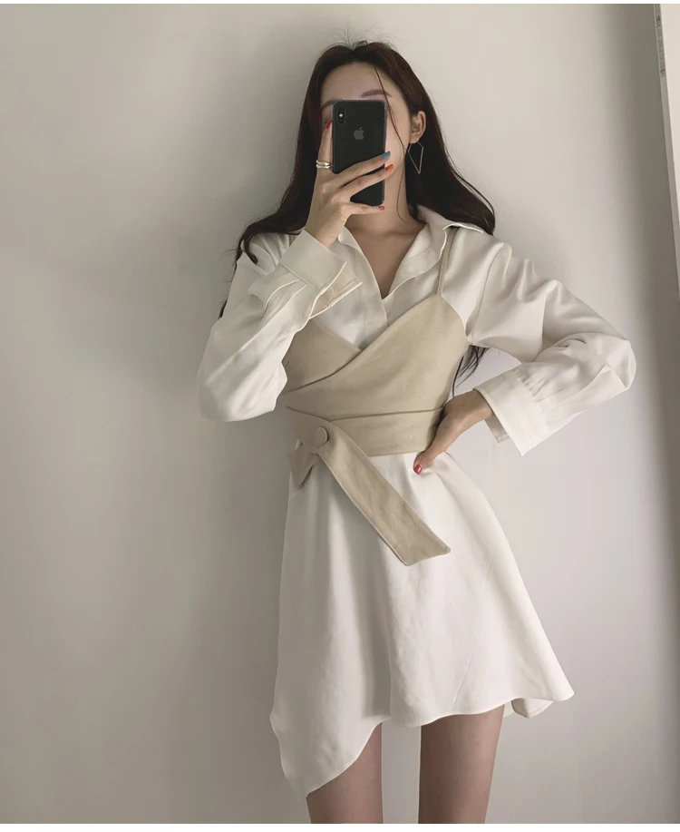 Beige Модное корейское шикарное стильное платье с корсетом, украшенное белым асимметричным платьем, Повседневное платье-двойка - Цвет: Beige