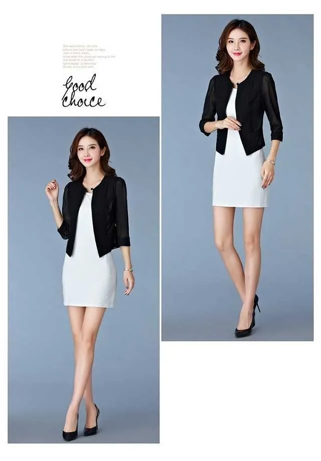 Elegant solid colar women cardigan short coat mesh pacthwork hollow slim crop top ladies office wear blazer jacket AQ515