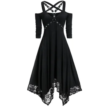 

Women Black Gothic Dress Sexy Criss Cross Cold Shoulder Female Dress Party Vestidos Long Sleeves Lace Trim Irregular Midi Dress