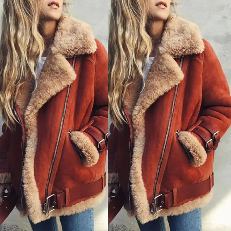 Женское теплое меховое шерстяное зимнее пальто, толстые бархатные приталенные двубортные куртки с отложным воротником, женская верхняя одежда с карманами - Color: Brick Red